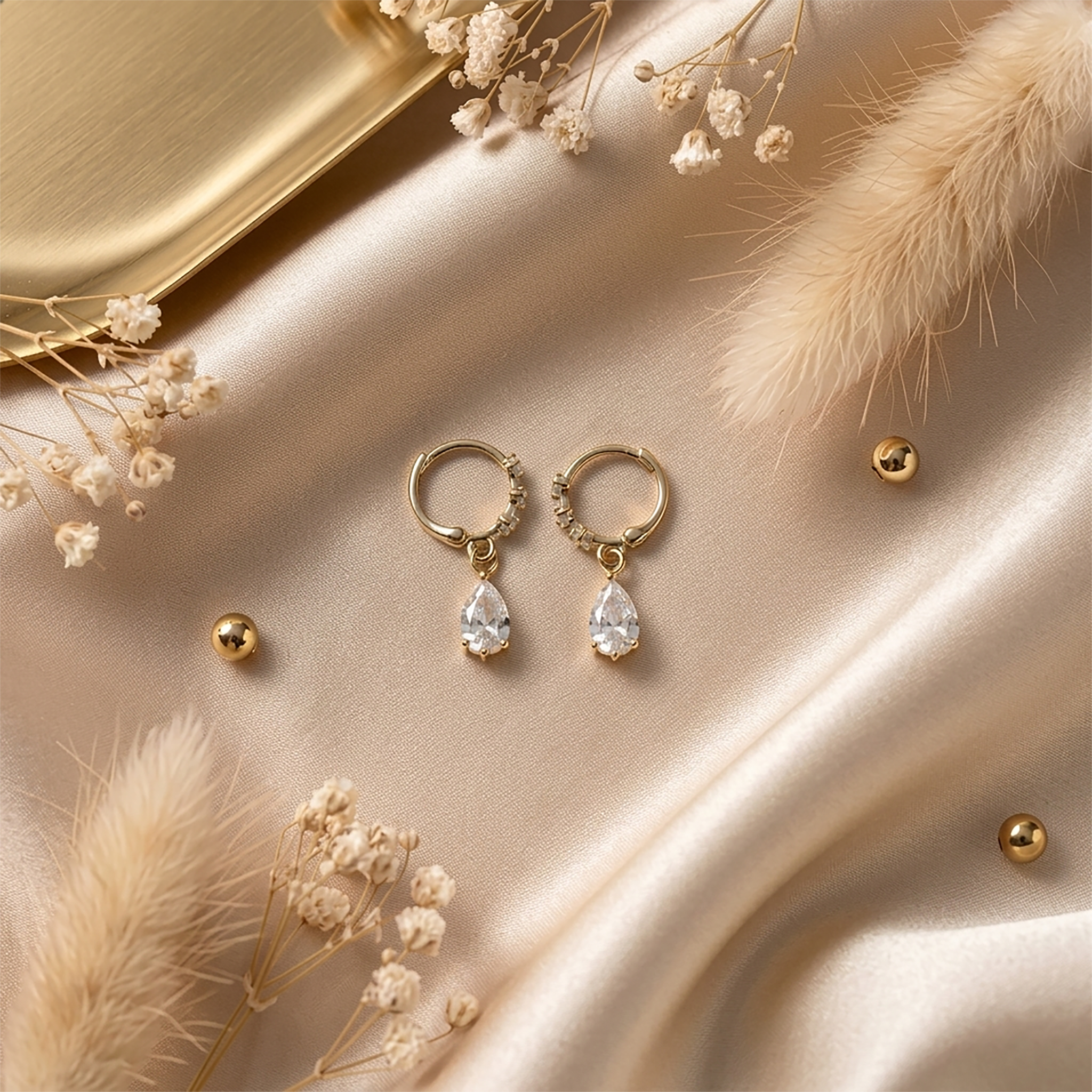 10K Yellow Gold Pear Cut Cubic Zirconia Huggie Hoop Drop Earrings