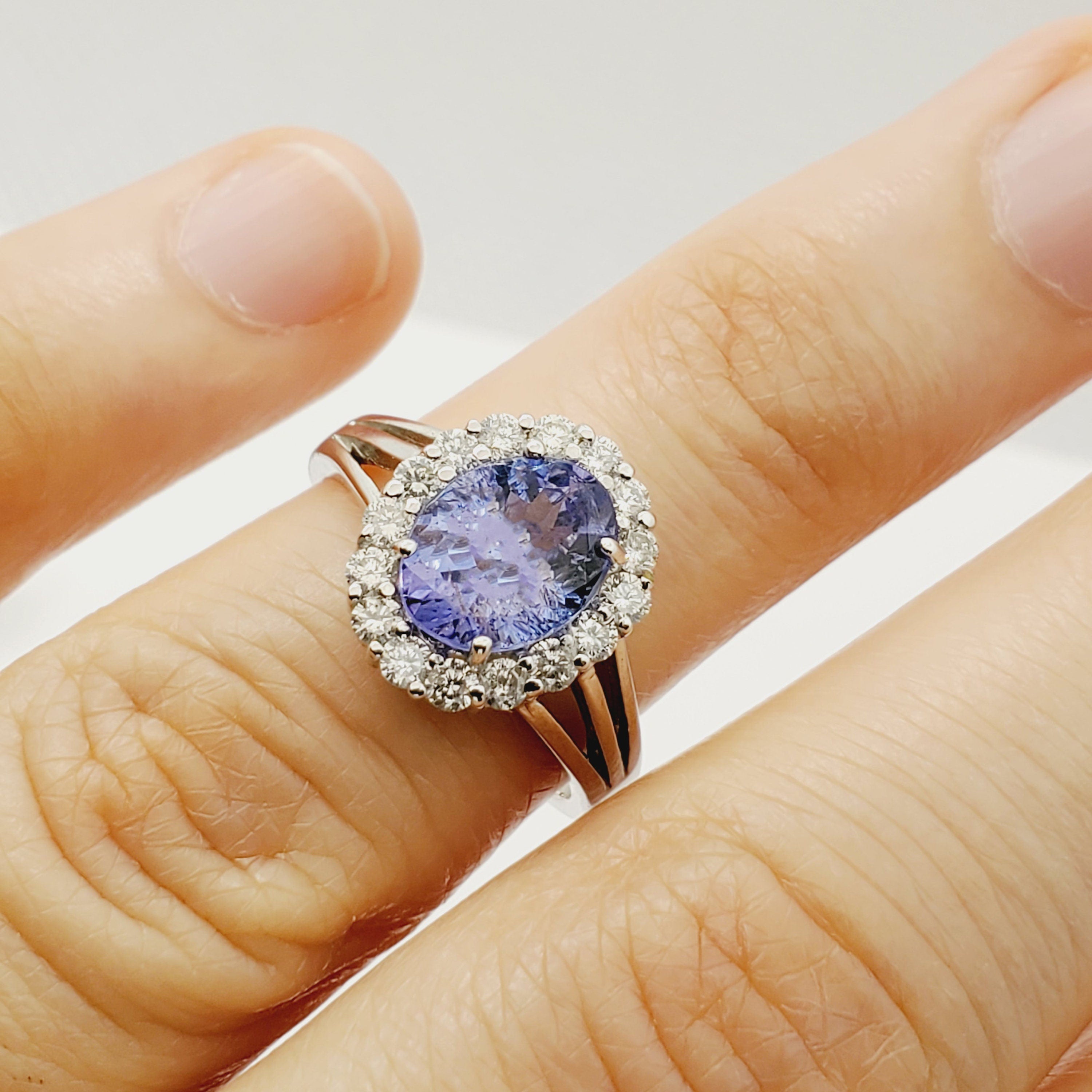 14K White Gold Tanzanite Diamond Ring, Natural Tanzanite Ring, Diamond Halo Ring, December Birthstone Ring, Oval Tanzanite Engagement Ring