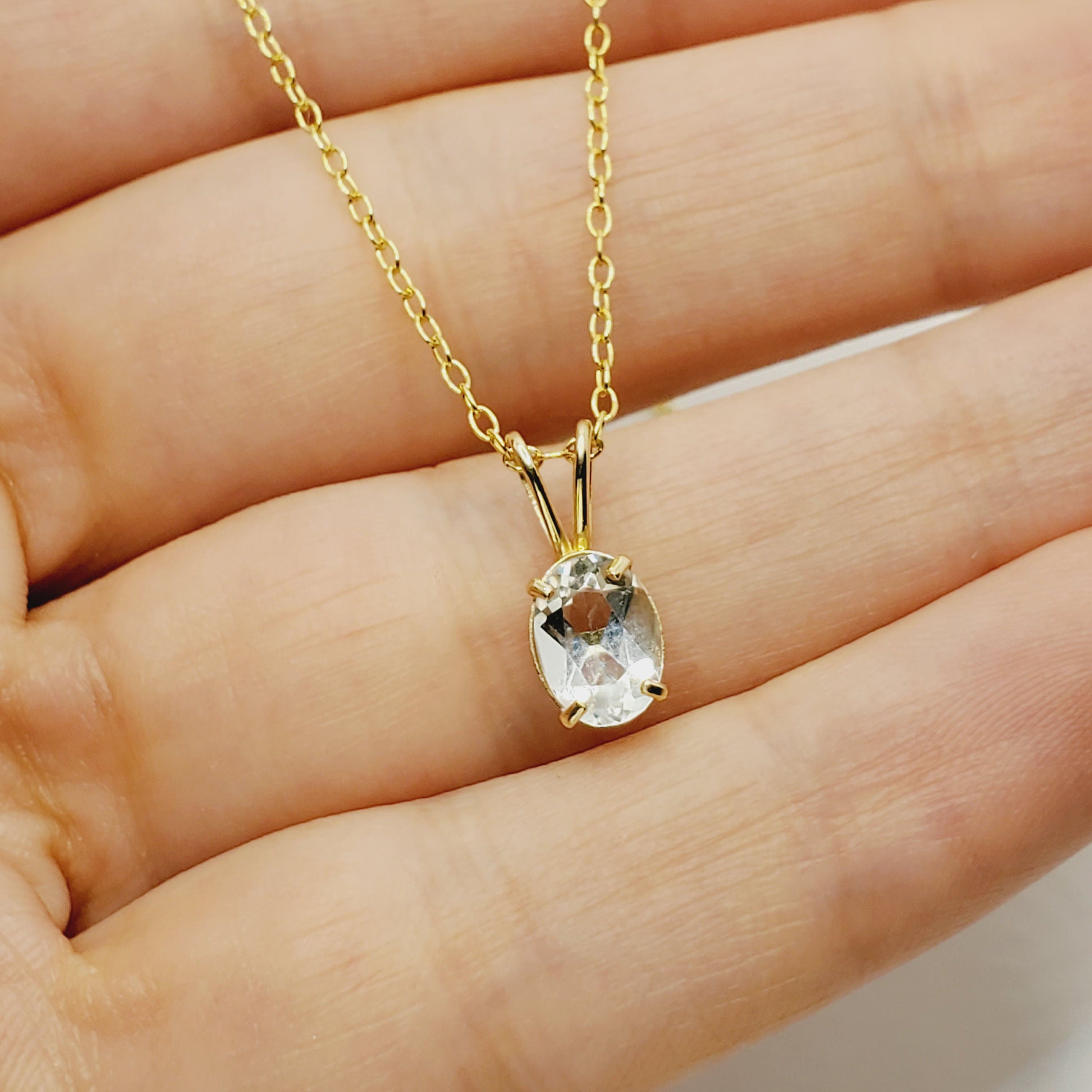 10K Yellow Gold White Topaz Pendant Necklace, Handmade in Canada, 8x6mm Gemstone Jewelry