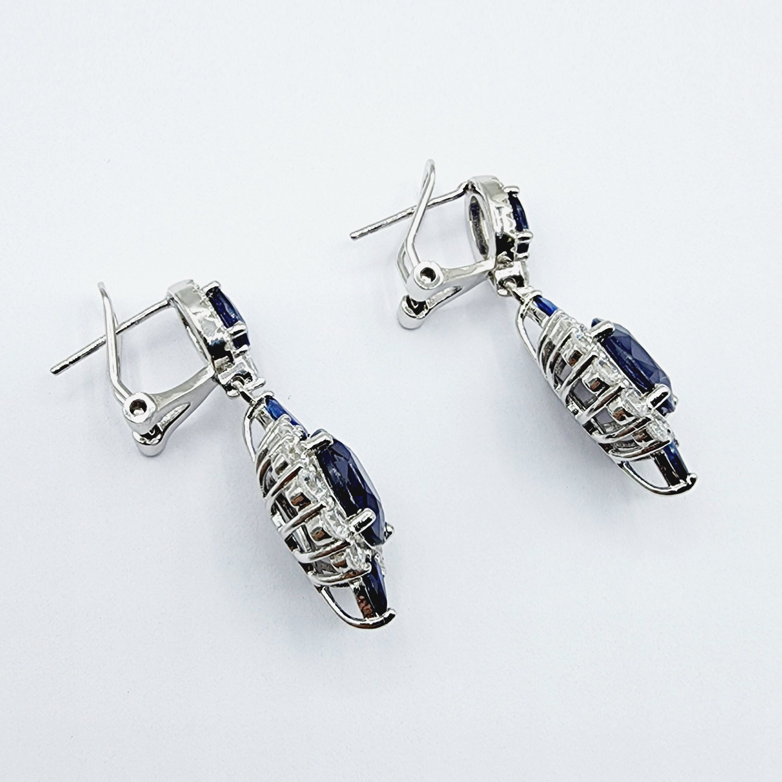 Blue Sapphire Sterling Silver Drop Earrings | Omega Clip, CZ Accents