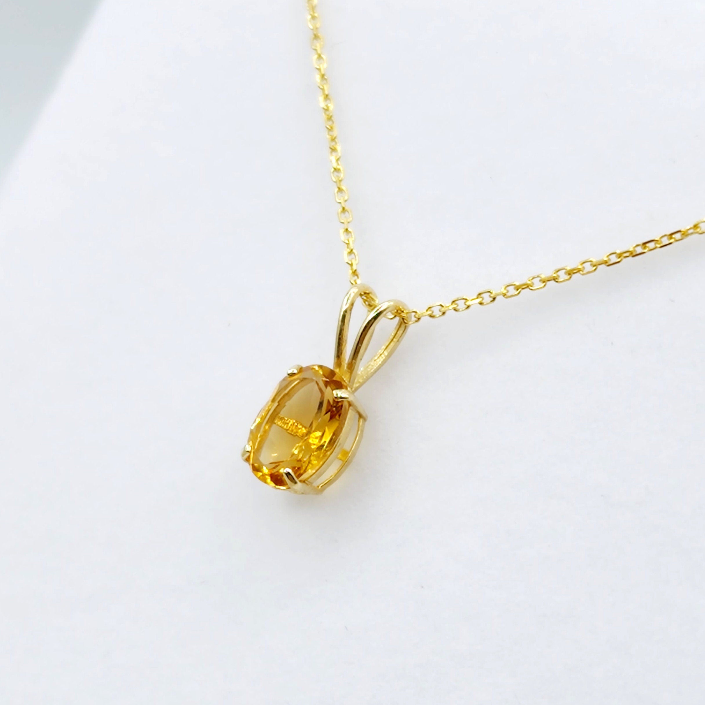 10K Yellow Gold Citrine Pendant Necklace, November Birthstone 8x6mm