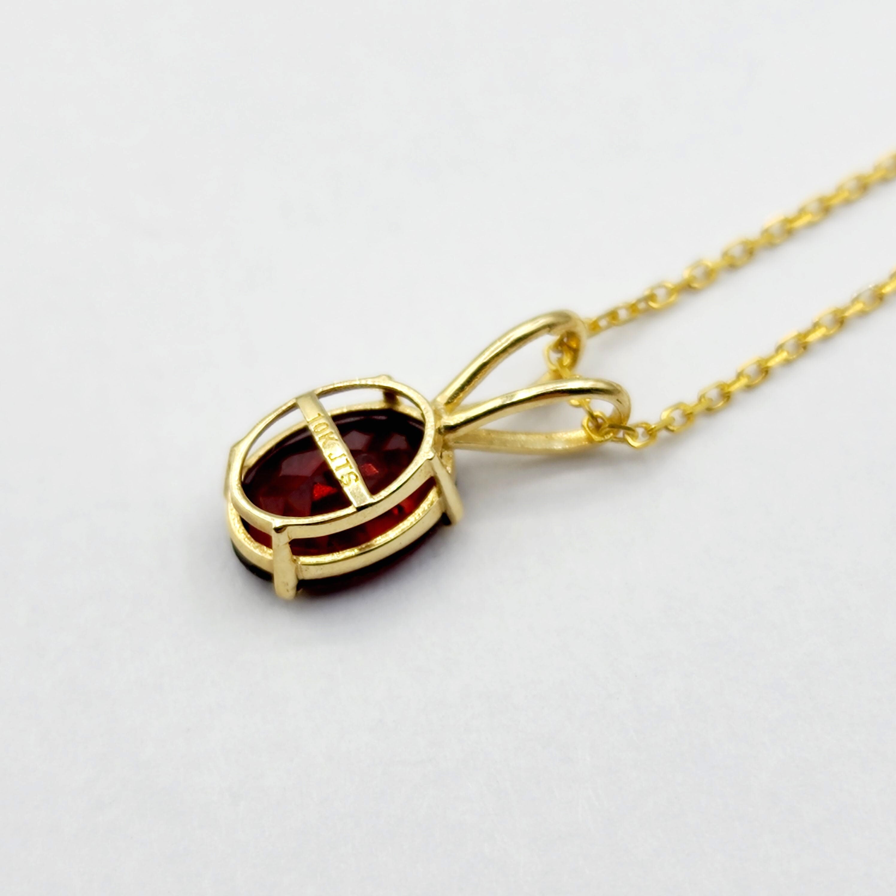 10K Yellow Gold Garnet Pendant Necklace, January Birthstone 8x6mm, Genuine Gemstone Jewelry