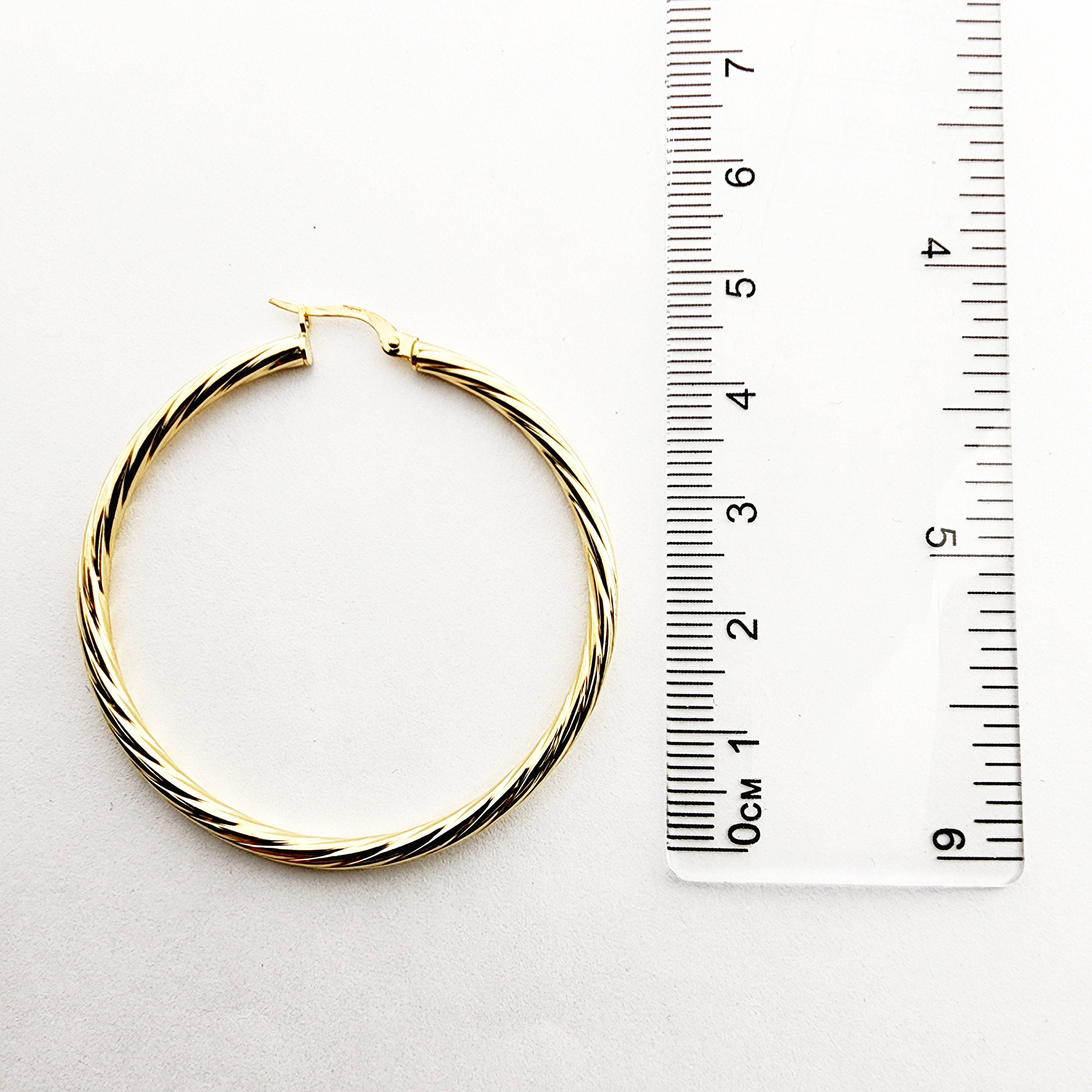 10K Yellow Gold Hoop Earrings, 45mm Textured Circle Hoops