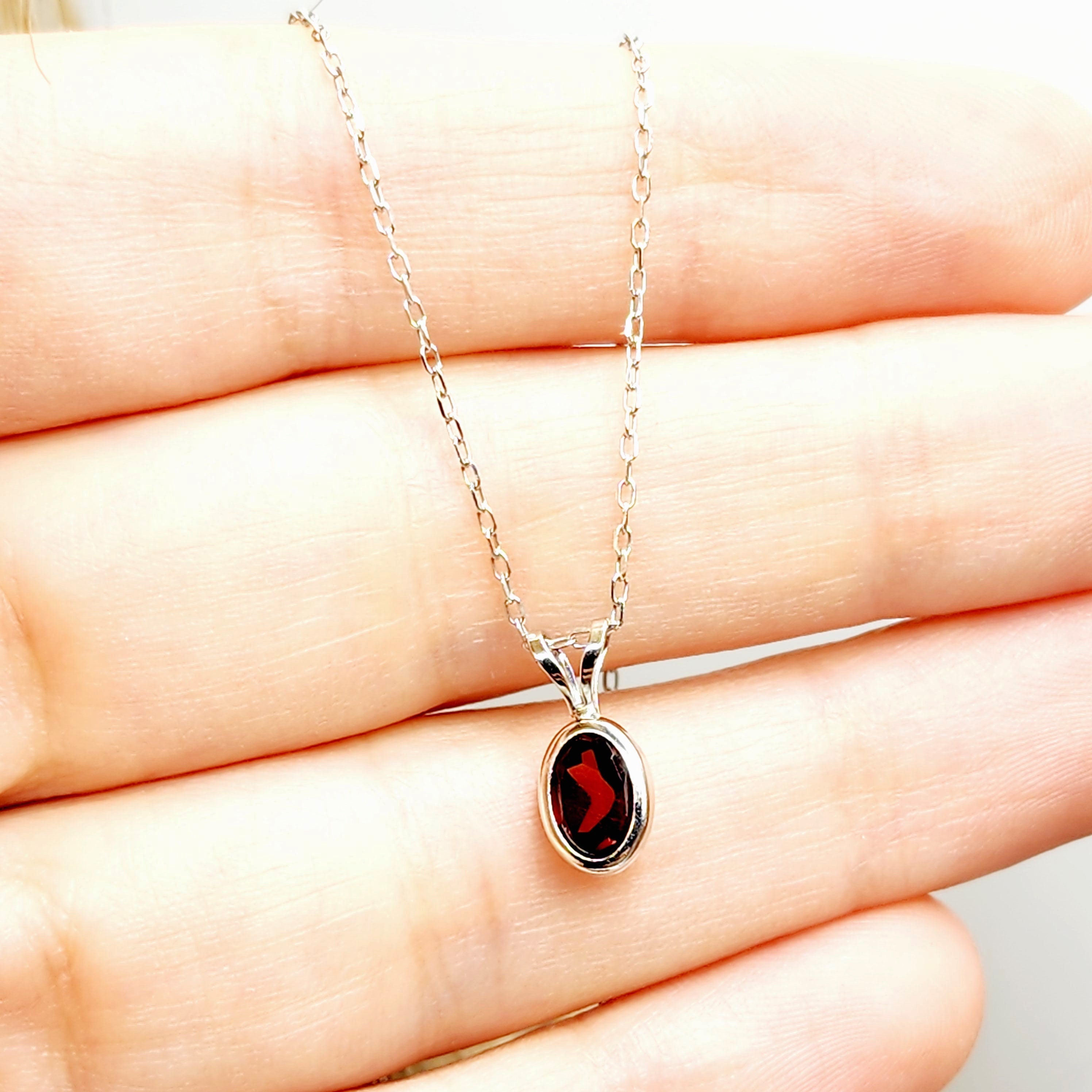 14K White Gold Garnet Pendant, Natural Garnet Necklace, January Birthstone Pendant, Oval Garnet Bezel Pendant, Minimalist Gemstone Jewelry