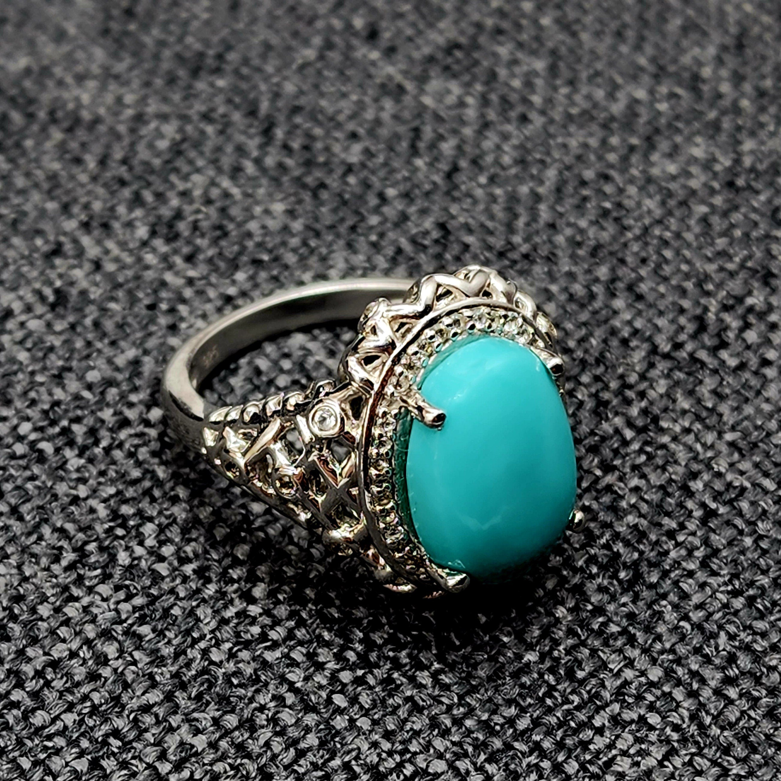 Sterling Silver Turquoise Ring, Genuine Turquoise Ring, Vintage Style Turquoise Ring, Oval Turquoise Statement Ring, White Topaz Ring