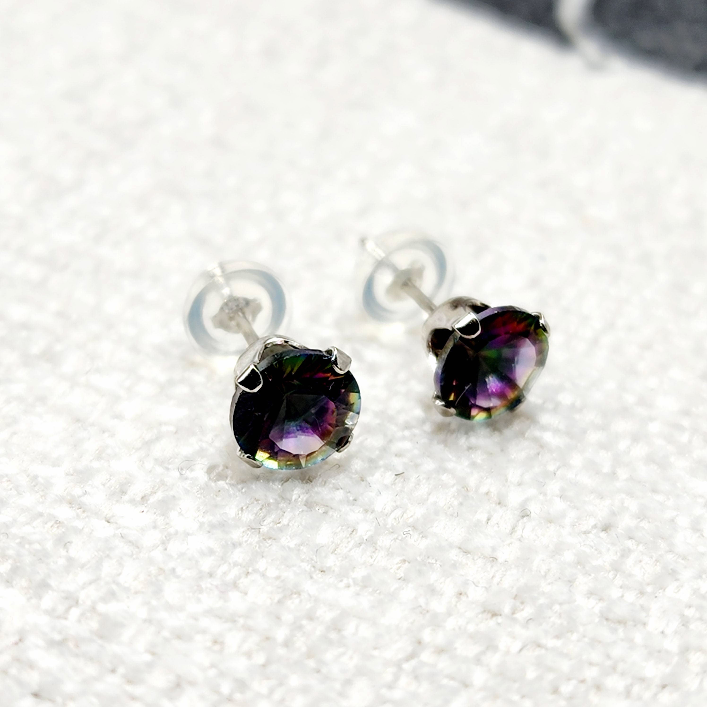 10K White Gold Mystic Topaz Stud Earrings, Genuine Mystic Topaz Earrings, 6x6mm Gemstone Studs, Handmade in Canada, Gift for Her