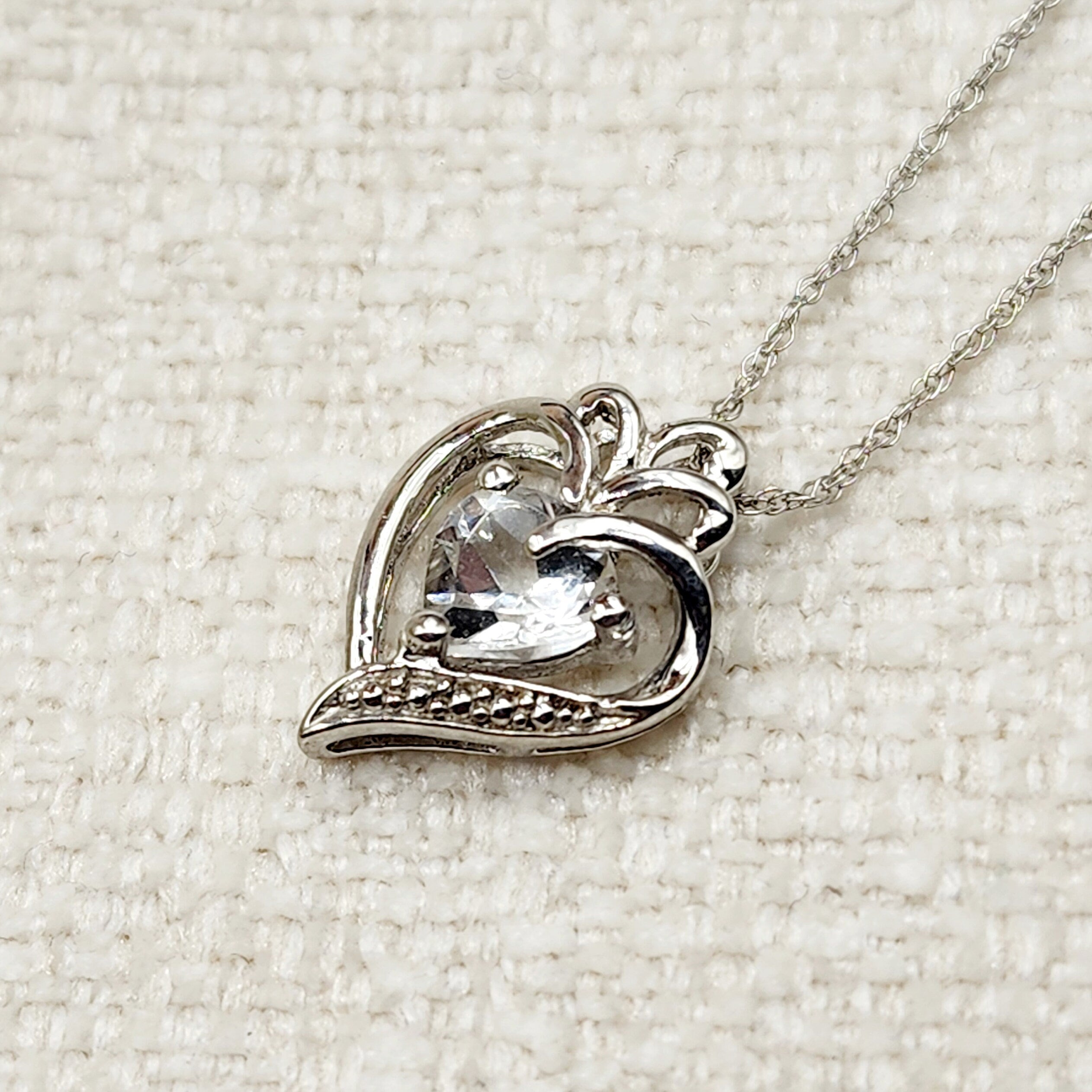 Sterling Silver Heart Pendant, Heart Necklace for Women, White Topaz Pendant, Romantic Silver Jewelry, Gift for Her, Love Necklace
