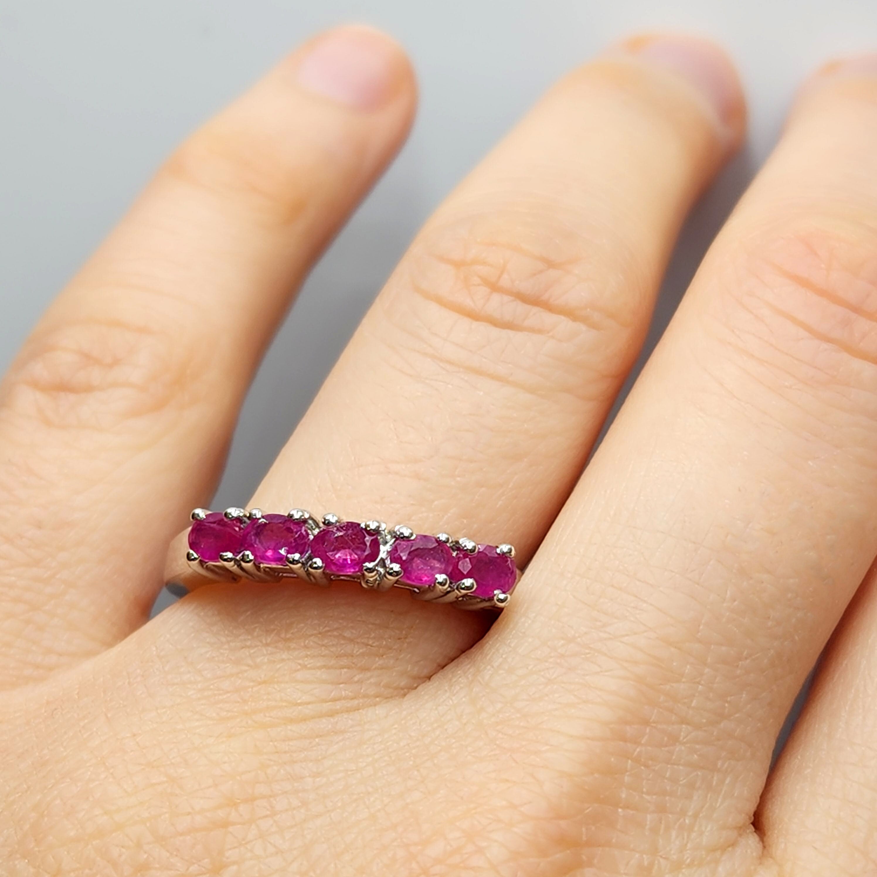 Sterling Silver Ruby Ring, Five Stone Ruby Ring, Red Gemstone Ring, Gift for Her