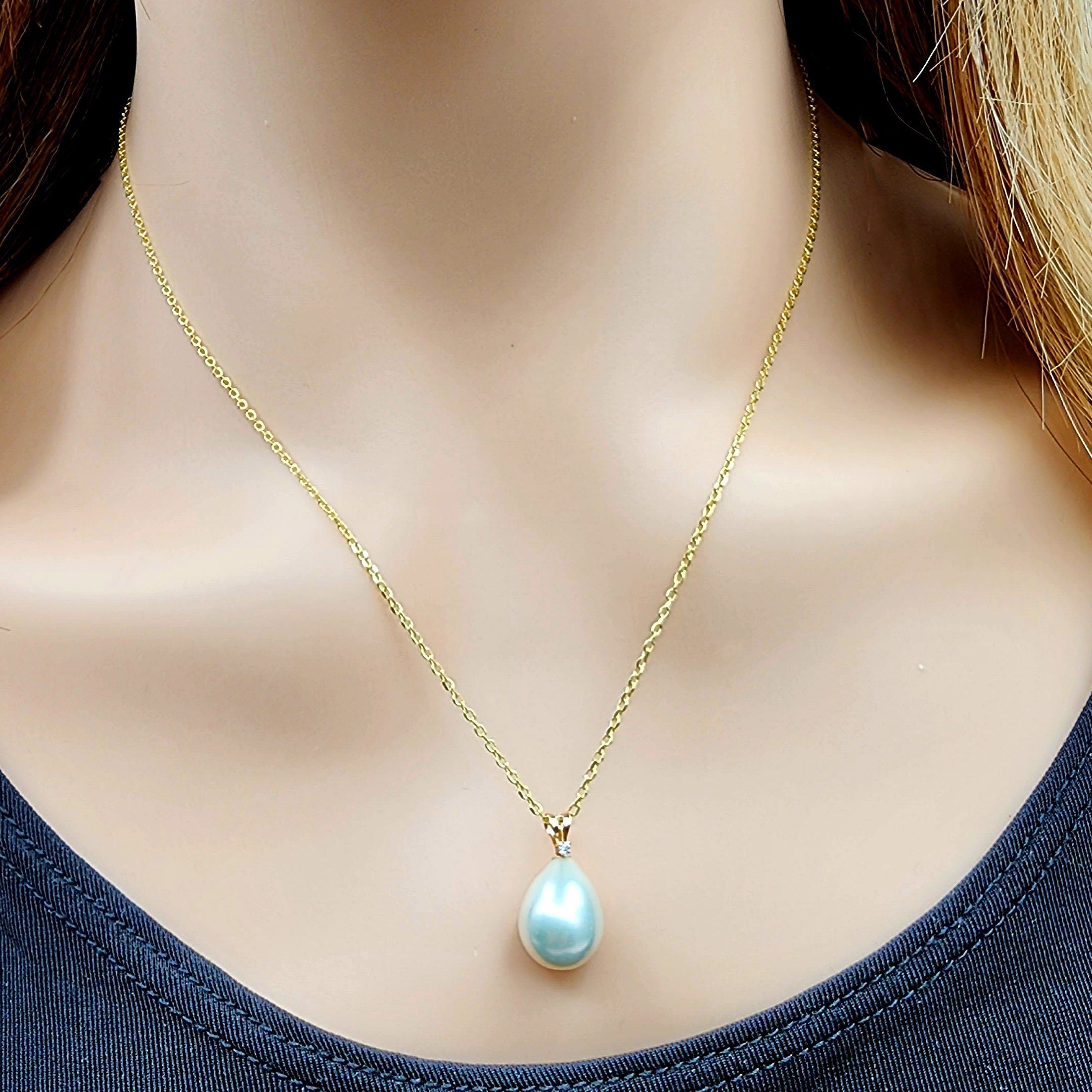 14K Yellow Gold Pearl Pendant Necklace, Diamond Accent, June Birthstone