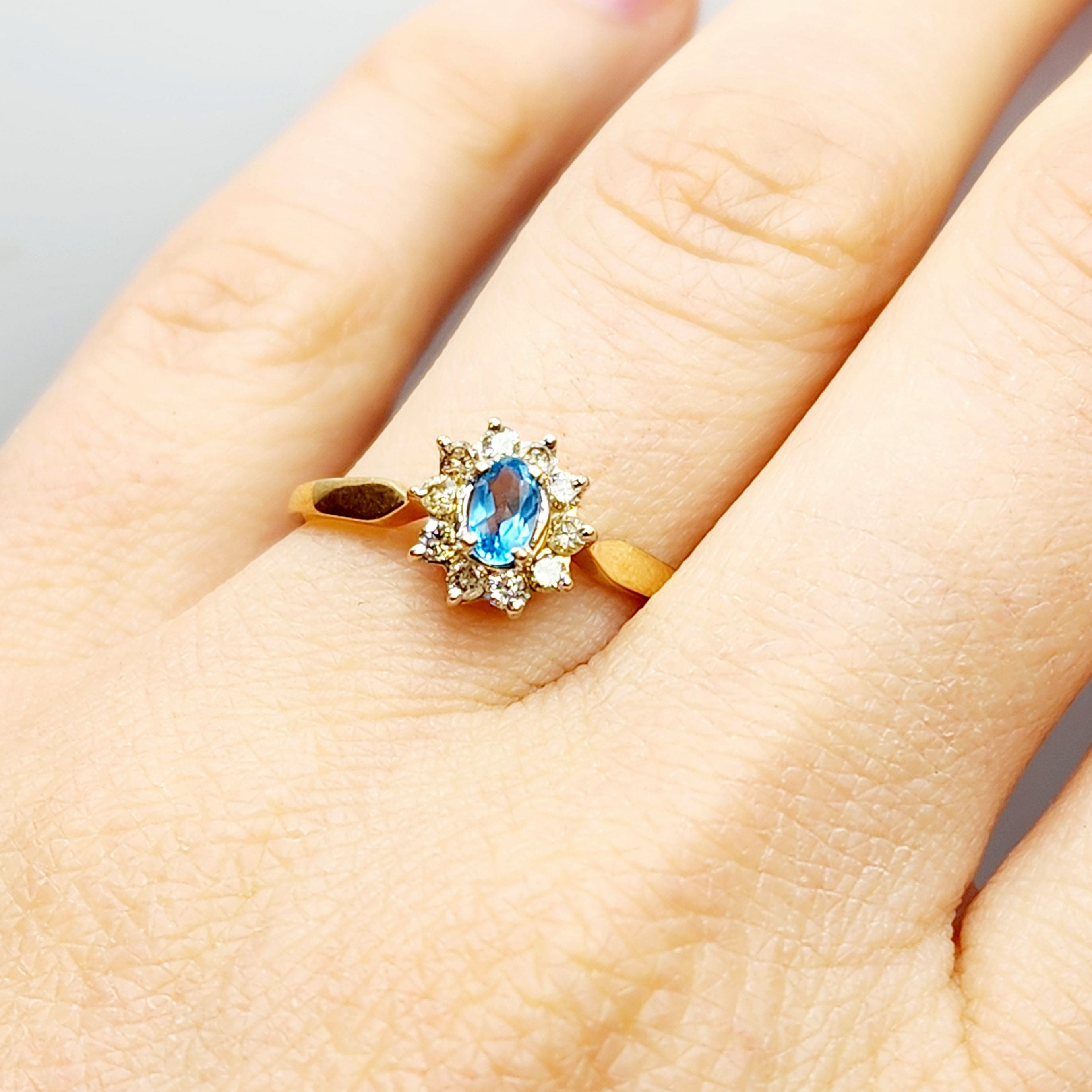 10K Yellow Gold Blue Topaz & Diamond Ring, 4x3mm Genuine Blue Topaz Ring, 0.25ct Diamond Ring, December Birthstone Gift for Her
