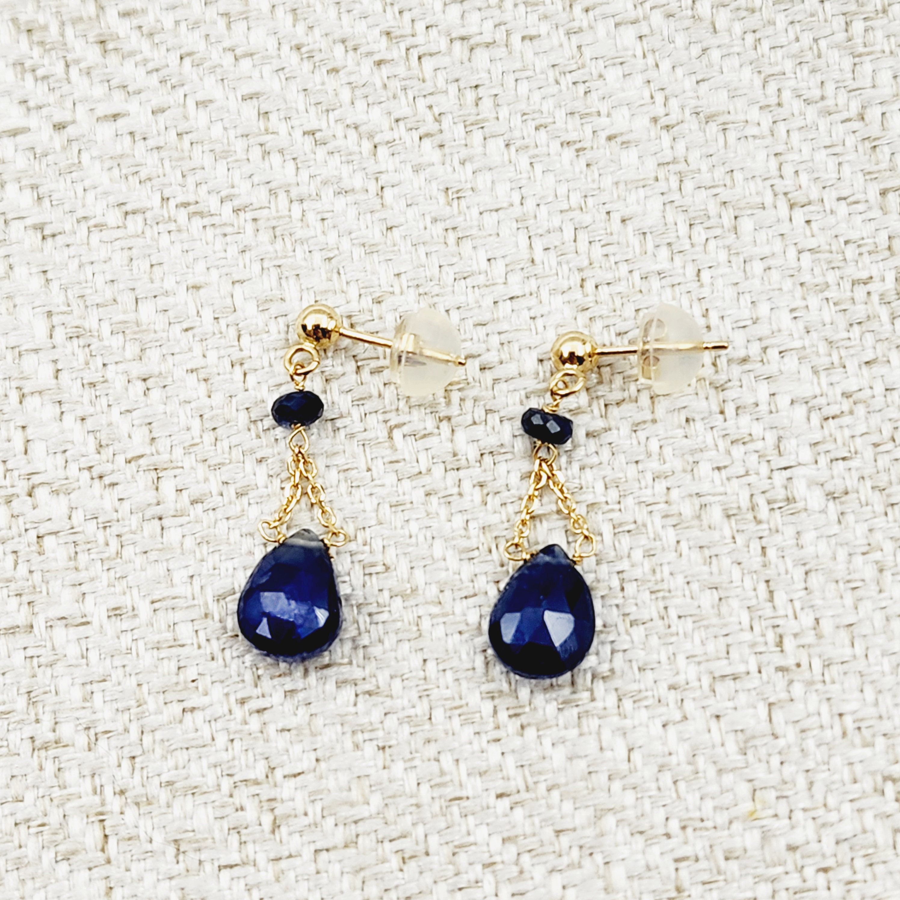 14K Yellow Gold Natural Blue Sapphire Drop Earrings, Solid Gold Sapphire Dangle Earrings, Gift for Girlfriend
