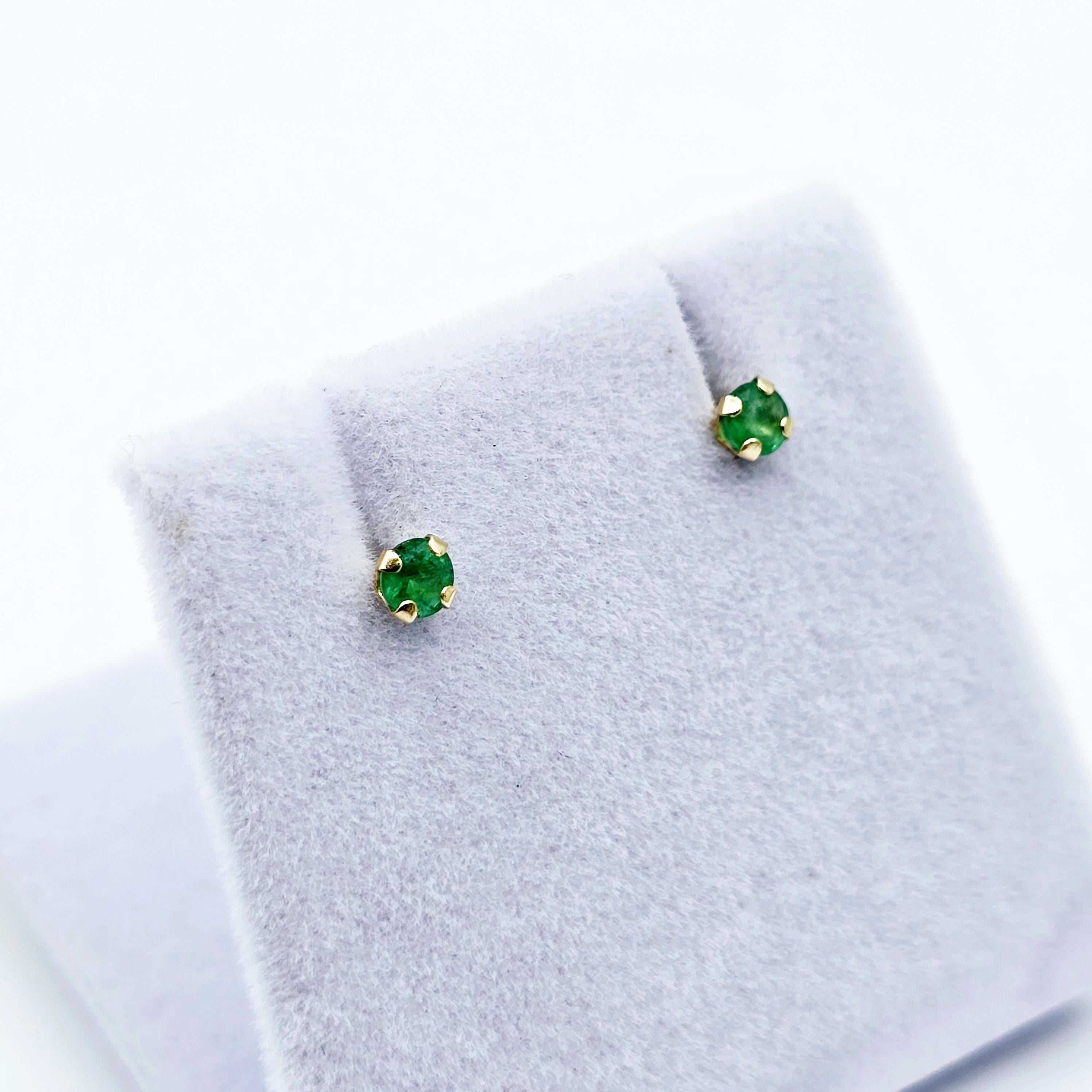 14K Yellow Gold Natural Emerald Stud Earrings, 3mm Emerald Earrings, Solid Gold May Birthstone Earrings, Tiny Emerald Studs, Gift for Her