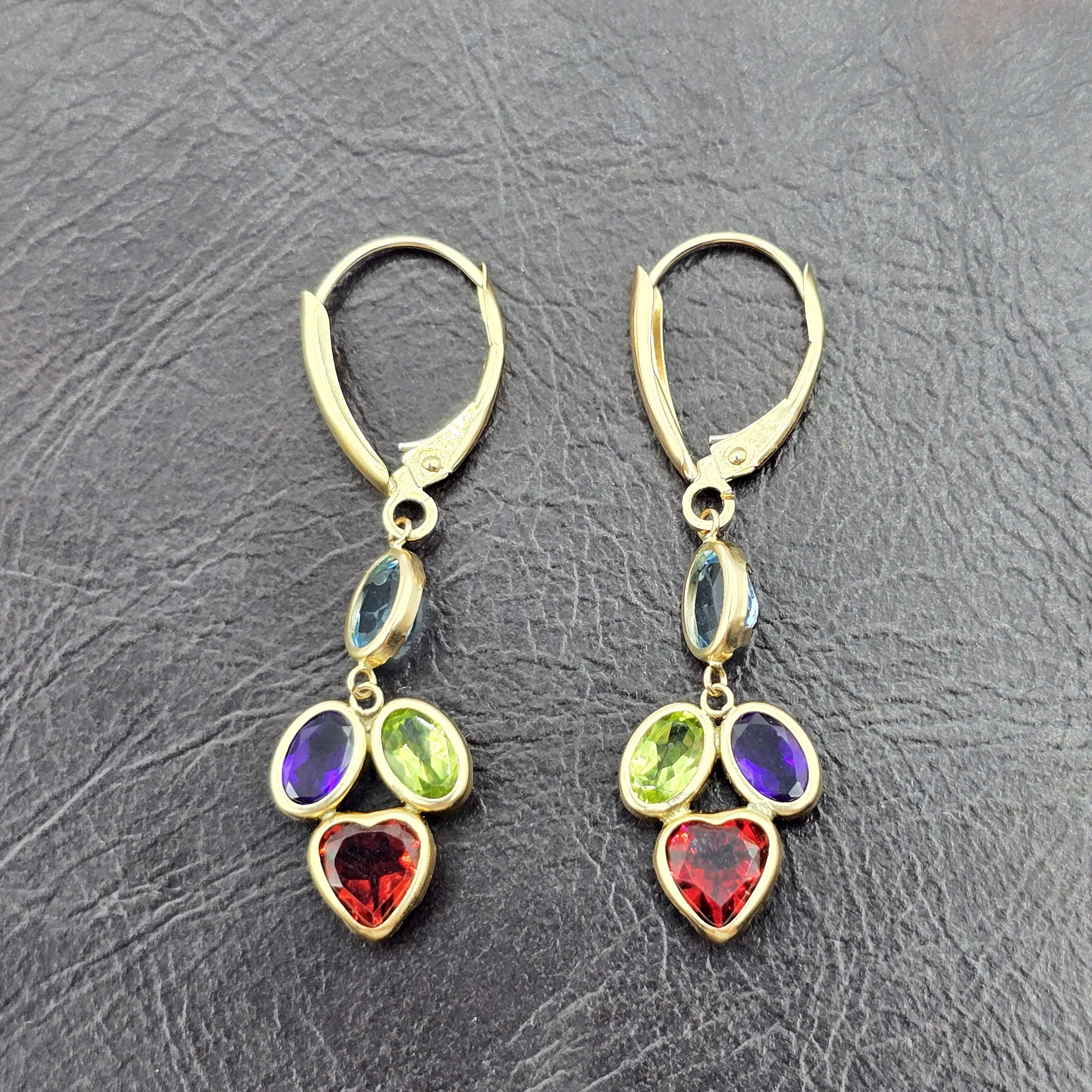 10K Yellow Gold Genuine Gemstone Drop Earrings, Multicolor Stone Earrings, Solid Gold Dangle Earrings, Birthstone Jewelry Gift