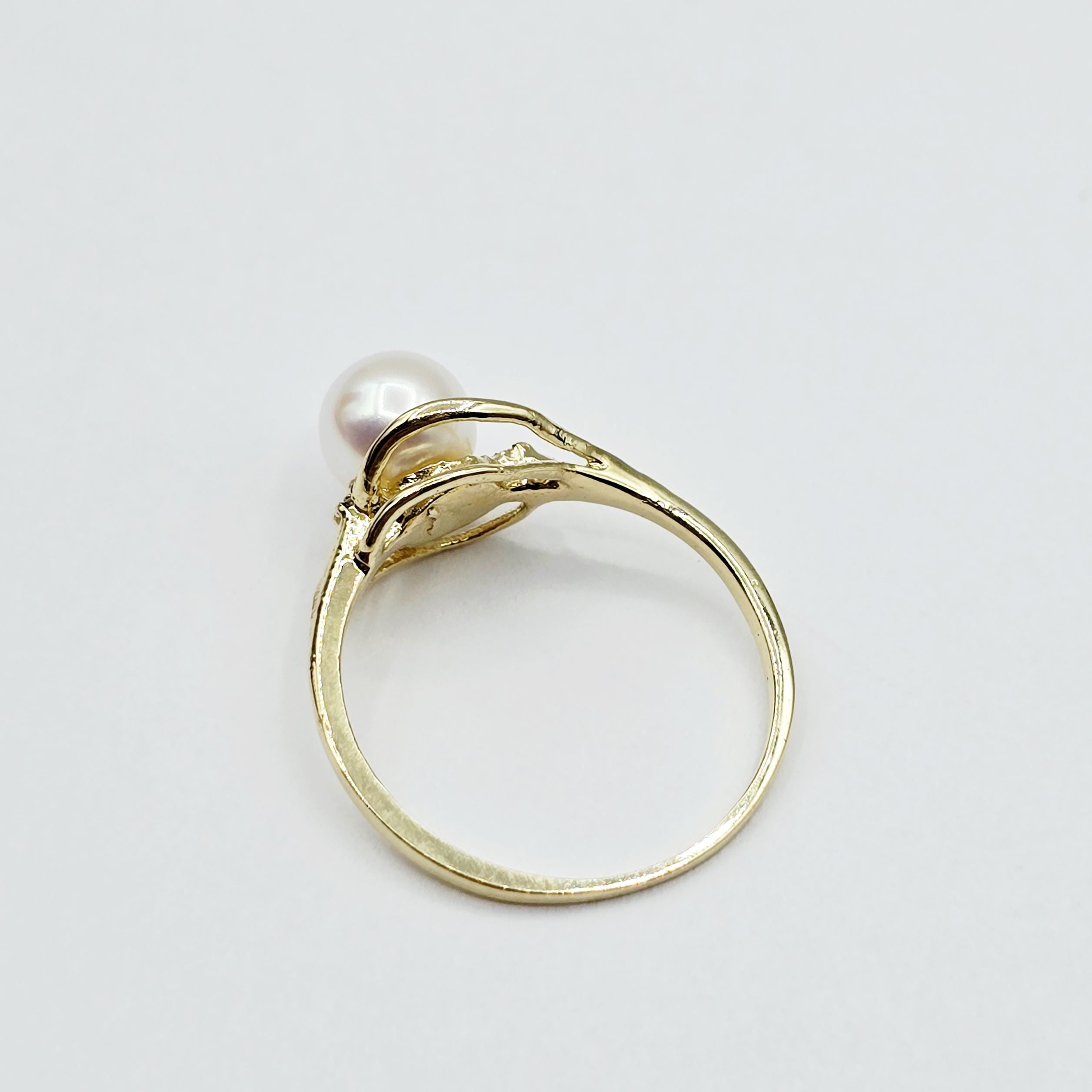 10K Yellow Gold Cultured Pearl Ring, June Birthstone, Diamond Accent