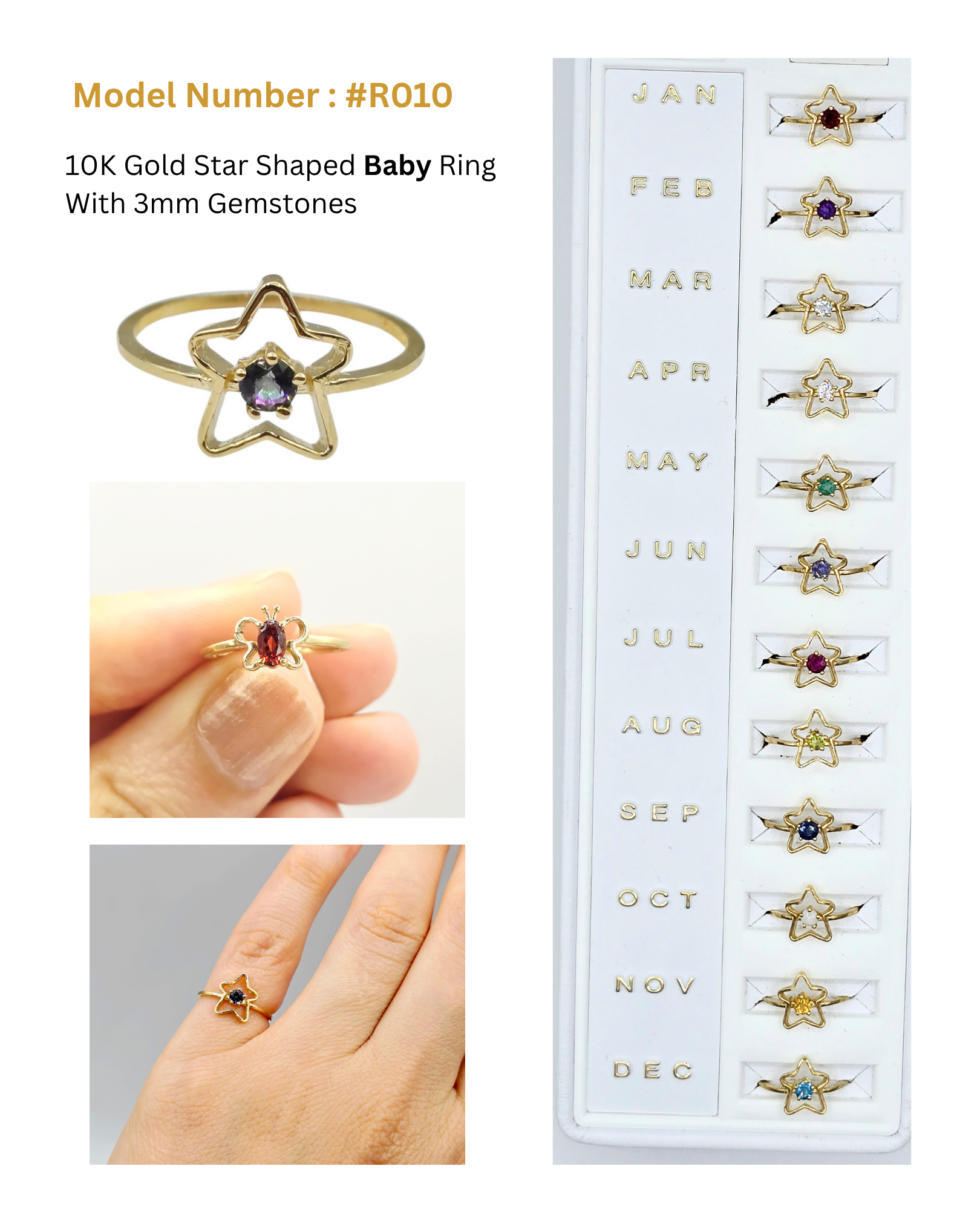 10K Yellow Gold Star Baby Ring, Genuine Gemstone 3mm Toddler Girl Jewellery Gift, Baby Ring, Kids Fine Jewellery