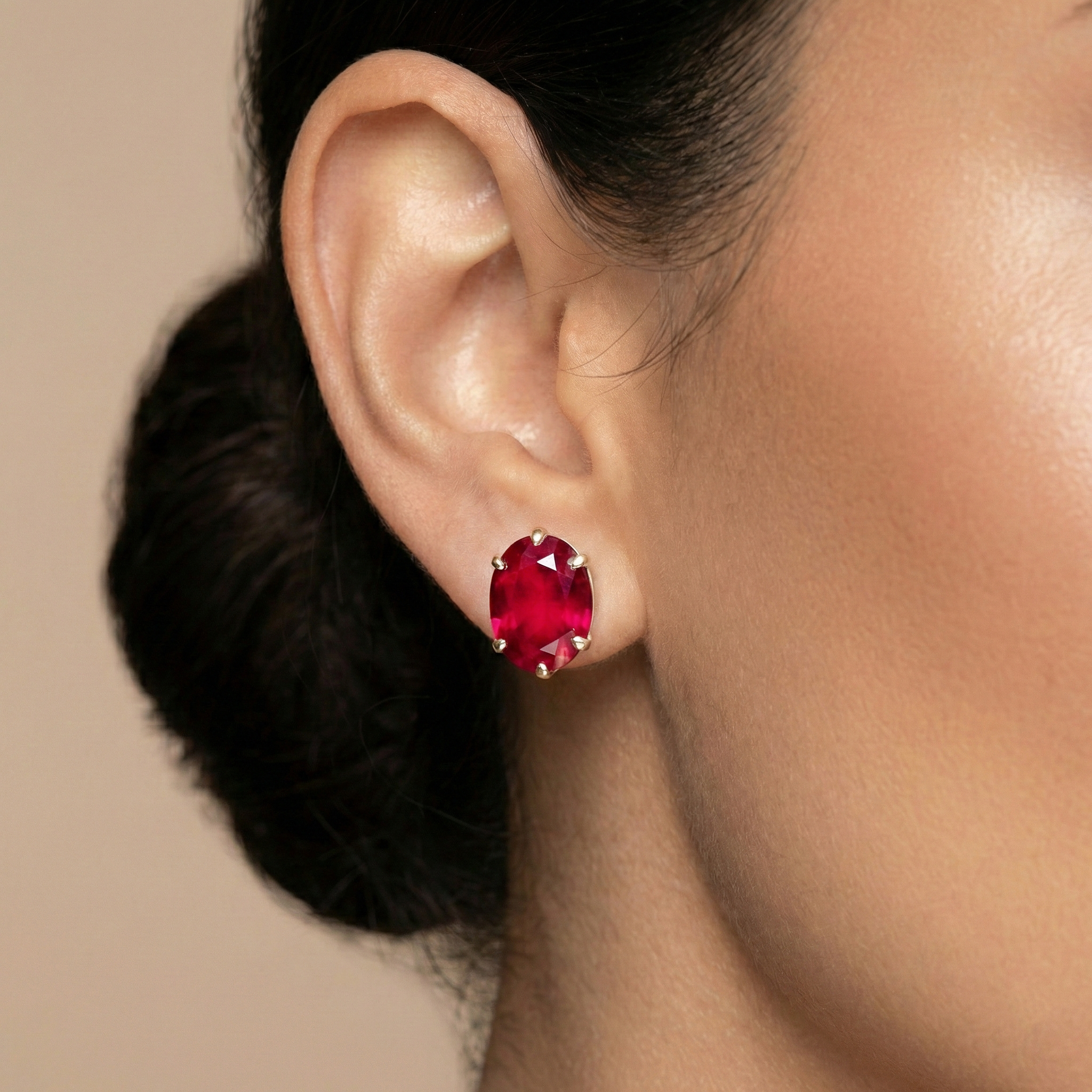 10K Yellow Gold Ruby Stud Earrings, July Birthstone, Oval 10×7mm, Classic Fine Jewelry