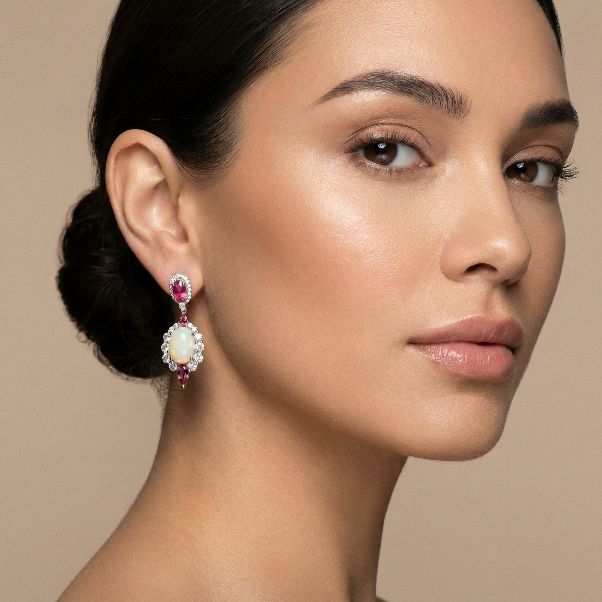 Sterling Silver Opal and Tourmaline Drop Earrings, CZ Accents