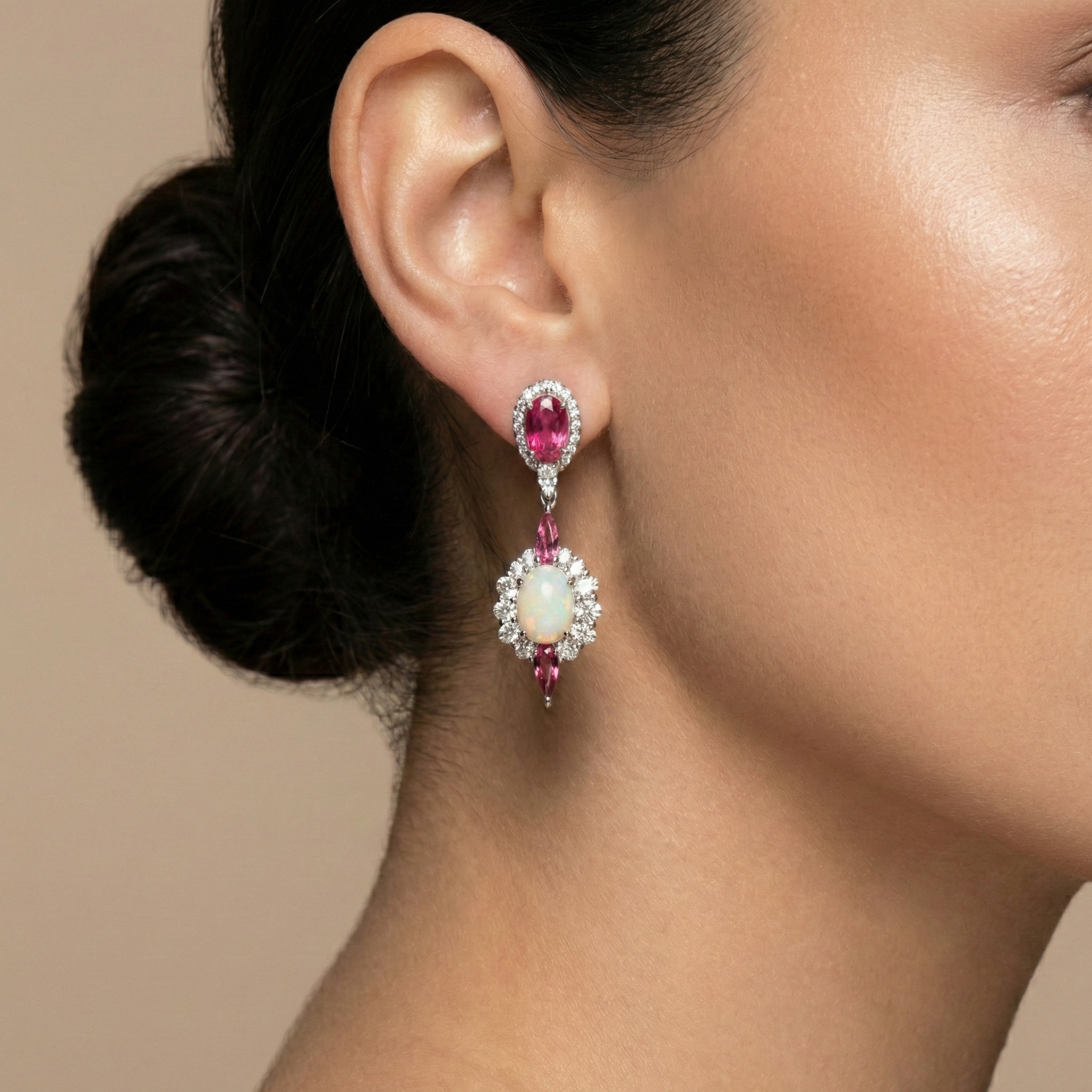 Sterling Silver Opal and Tourmaline Drop Earrings, CZ Accents