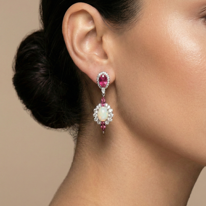 Sterling Silver Opal and Tourmaline Drop Earrings, CZ Accents