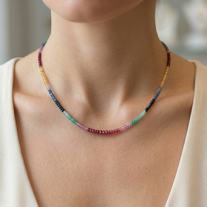 14K Yellow Gold Rainbow Gemstone Necklace, Natural Ruby Emerald Sapphire Necklace, Multi Gemstone Choker, Beaded Necklace