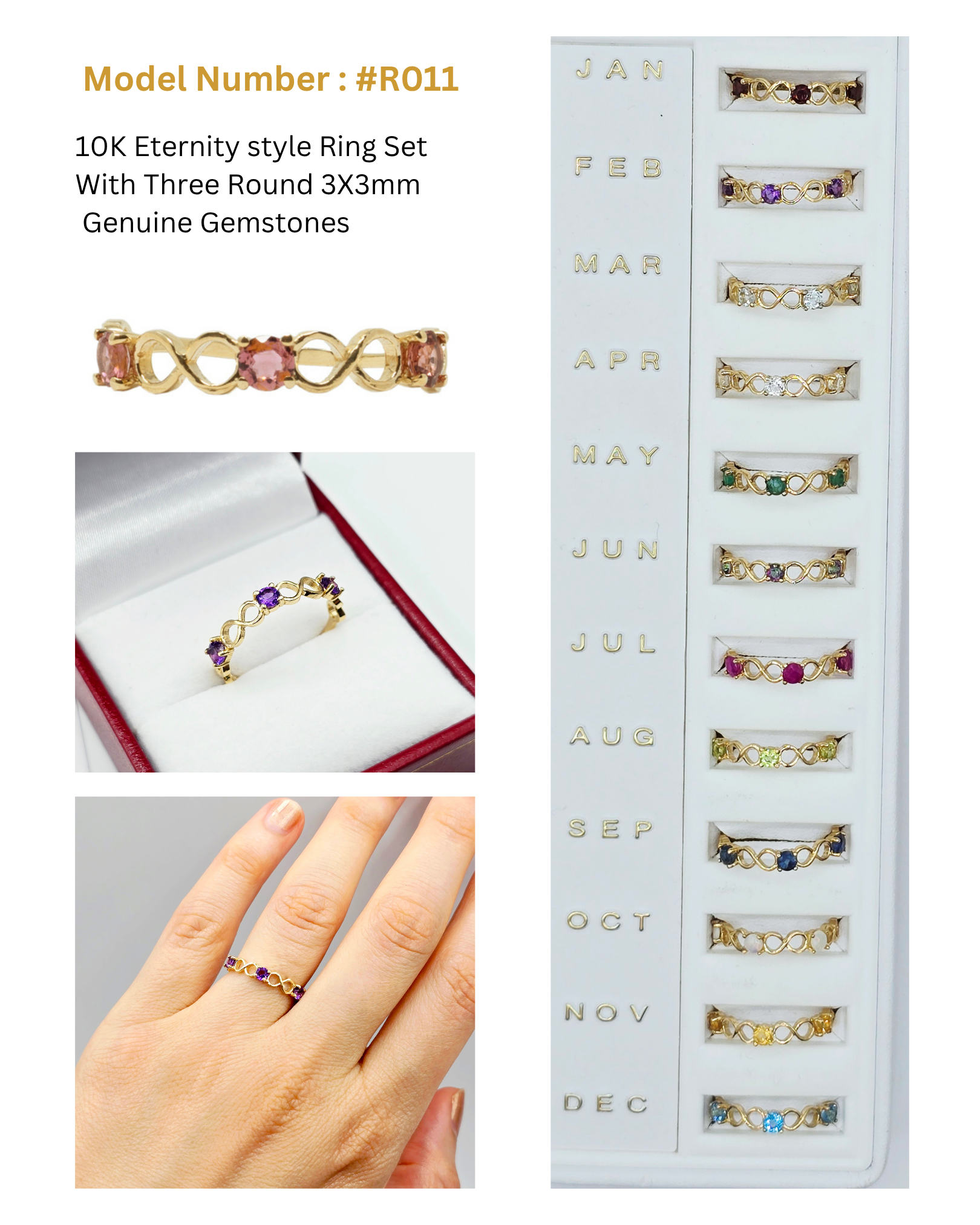 Gemstone Rings Engagement, 10K Eternity style Ring Set With Three Round 3mm Genuine Gemstones, Statement Ring For Her, Birthstone Ring