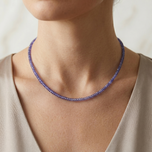Natural Tanzanite Necklace Sterling Silver, Tanzanite Beaded Choker Necklace, December Birthstone Necklace,