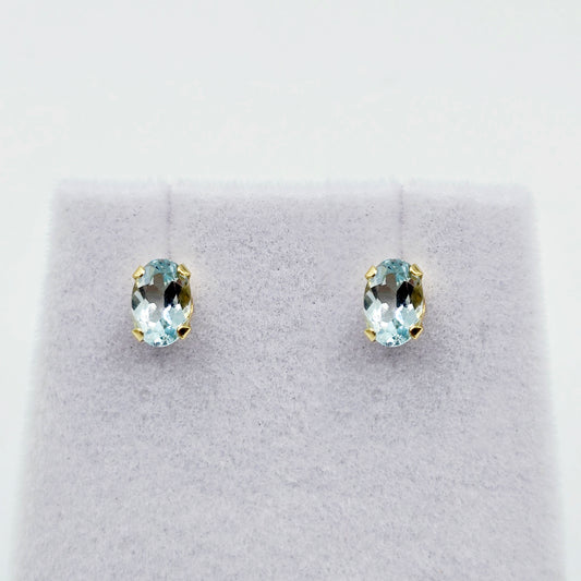 14K Yellow Gold Oval Genuine Aquamarine 6X4mm Stud Earrings