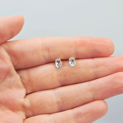 14K Yellow Gold Oval Genuine Aquamarine 6X4mm Stud Earrings
