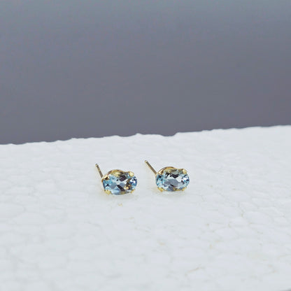 14K Yellow Gold Oval Genuine Aquamarine 6X4mm Stud Earrings