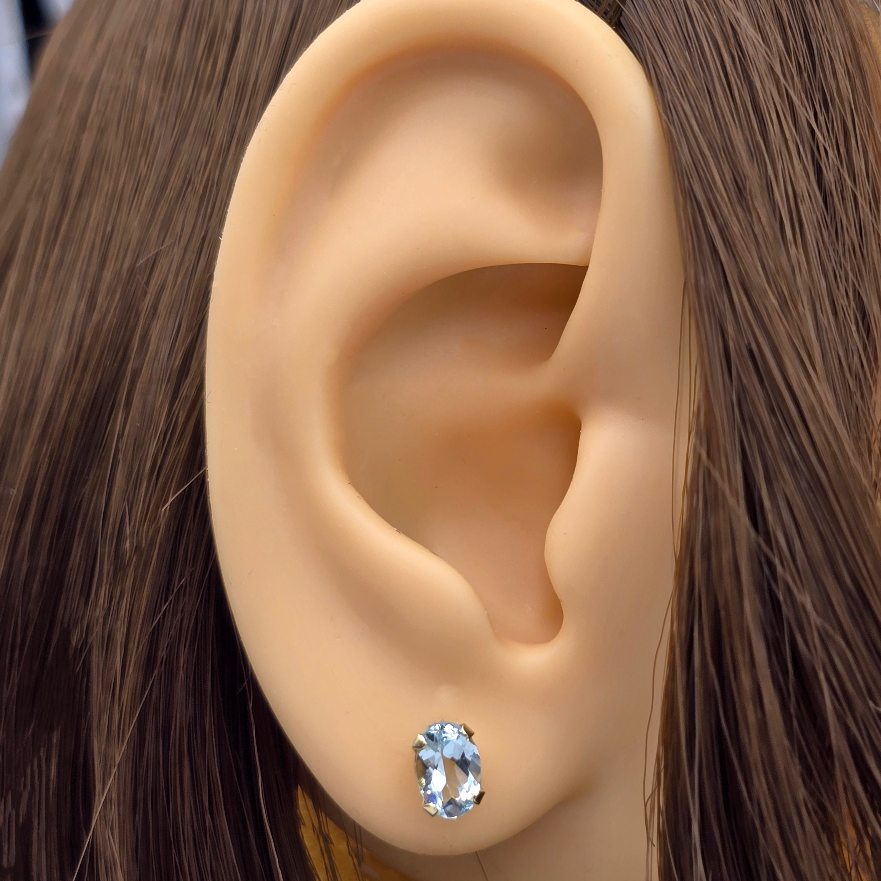 14K Yellow Gold Oval Genuine Aquamarine 6X4mm Stud Earrings