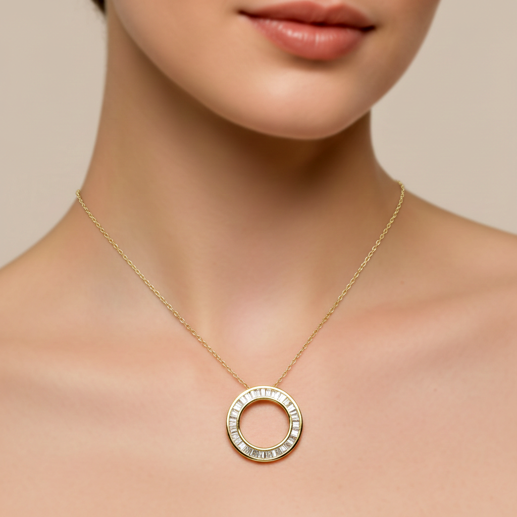 10K Yellow Gold Diamond Circle Pendant Necklace, 0.35ct Bridal Necklace