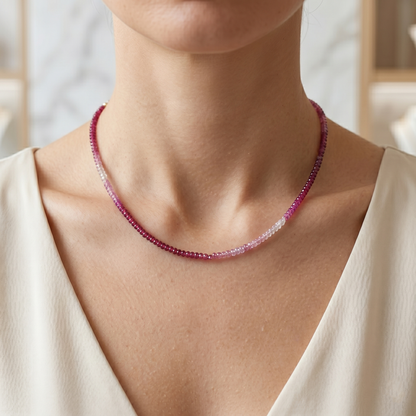 10K Yellow Gold Ruby & White Sapphire Necklace, Natural Gemstone Choker Necklace, Ruby Beaded Necklace
