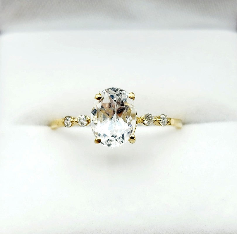 10K Yellow Gold White Topaz 8x6mm and Diamond Ring