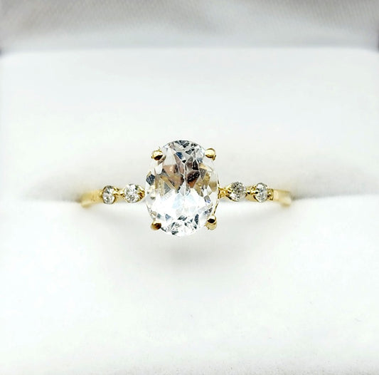 10K Yellow Gold White Topaz 8x6mm and Diamond Ring