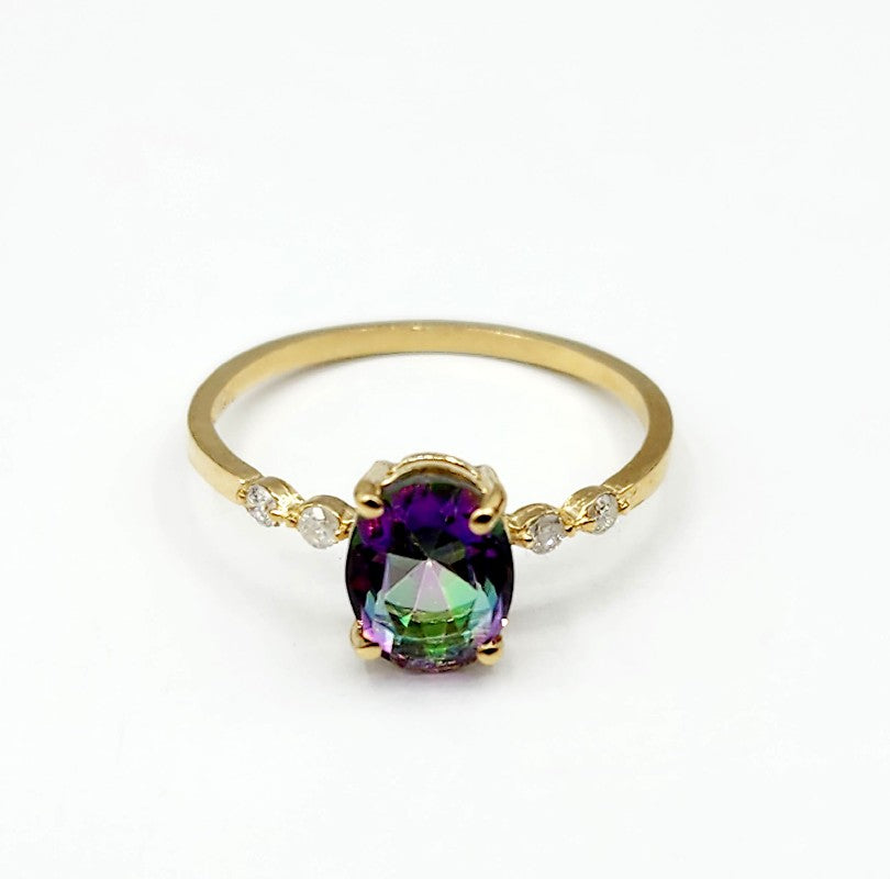 10K Yellow Gold Mystic Topaz 8x6mm and Diamond Ring