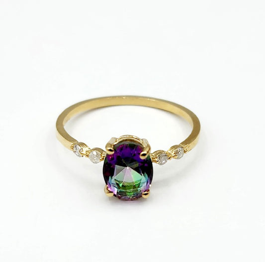 10K Yellow Gold Mystic Topaz 8x6mm and Diamond Ring