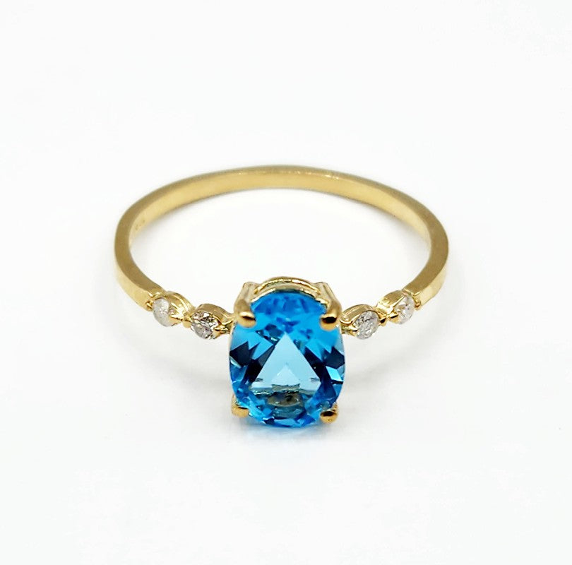 10K Yellow Gold Blue Topaz 8x6mm and Diamond Ring