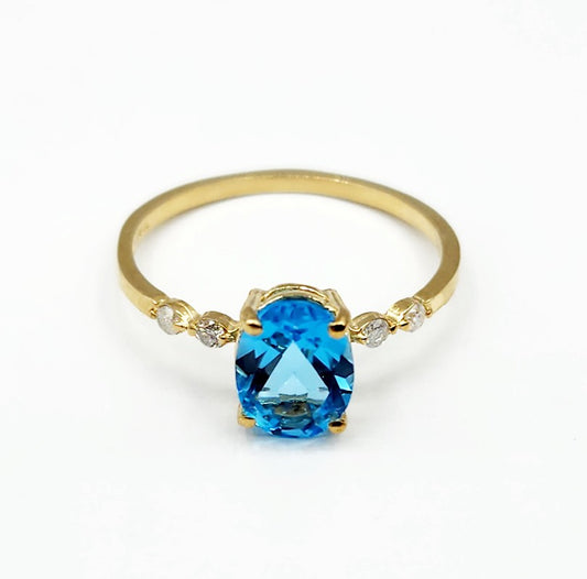 10K Yellow Gold Blue Topaz 8x6mm and Diamond Ring
