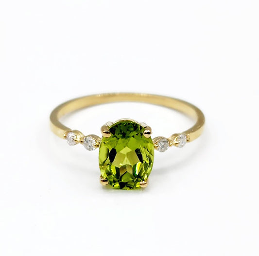 10K Yellow Gold Peridot 8x6mm and Diamond Ring