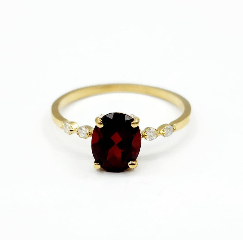 10K Yellow Gold Garnet 8x6mm and Diamond Ring