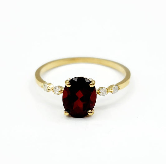 10K Yellow Gold Garnet 8x6mm and Diamond Ring