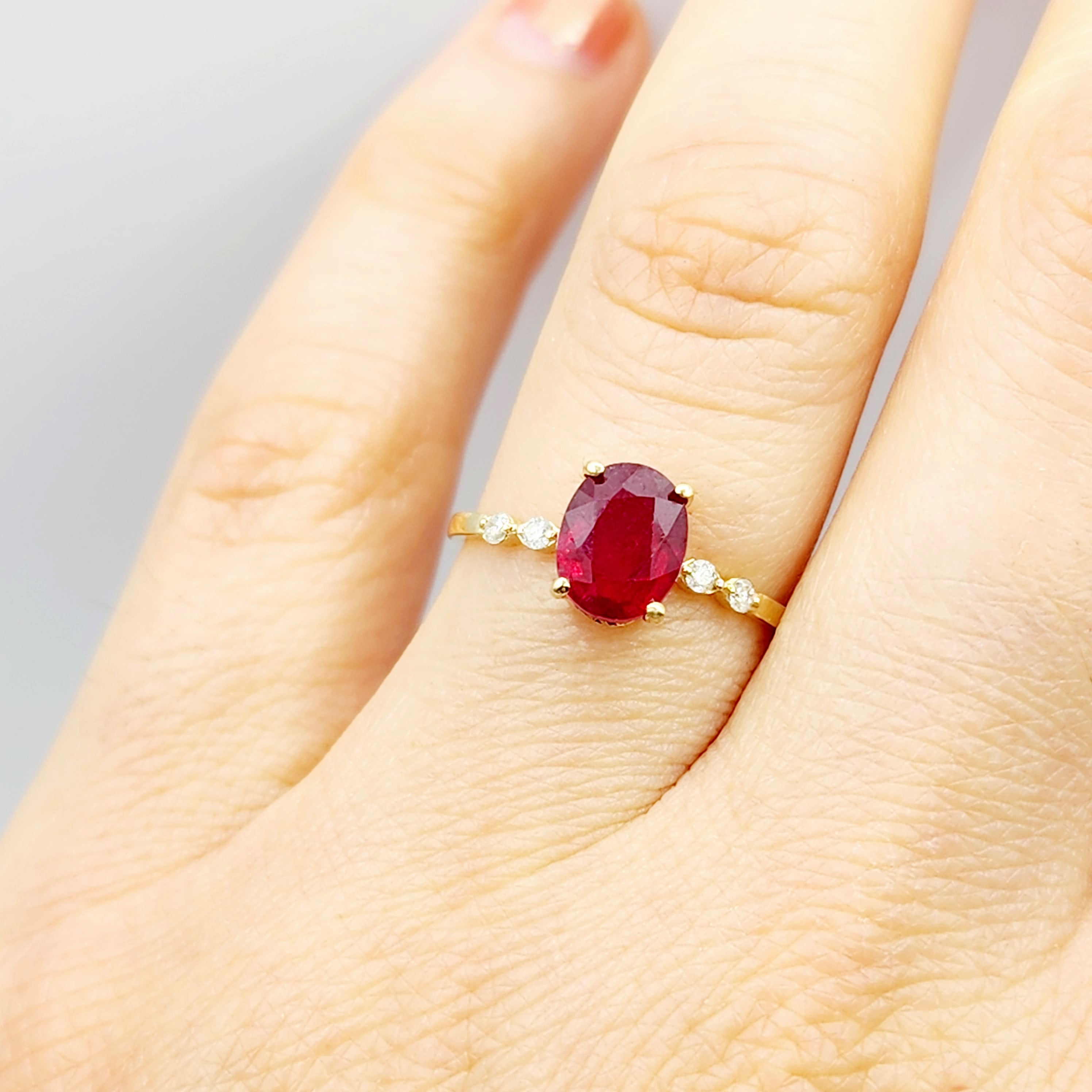 10K Yellow Gold Ruby 8x6mm and Diamond Ring