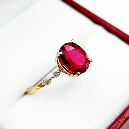 10K Yellow Gold Ruby 8x6mm and Diamond Ring