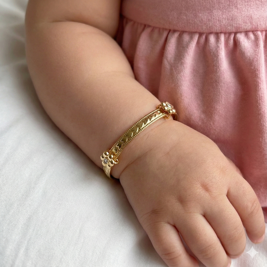 10K Solid Gold Baby Bangle, Hearts, Flowers, Cross Charms, Adjustable