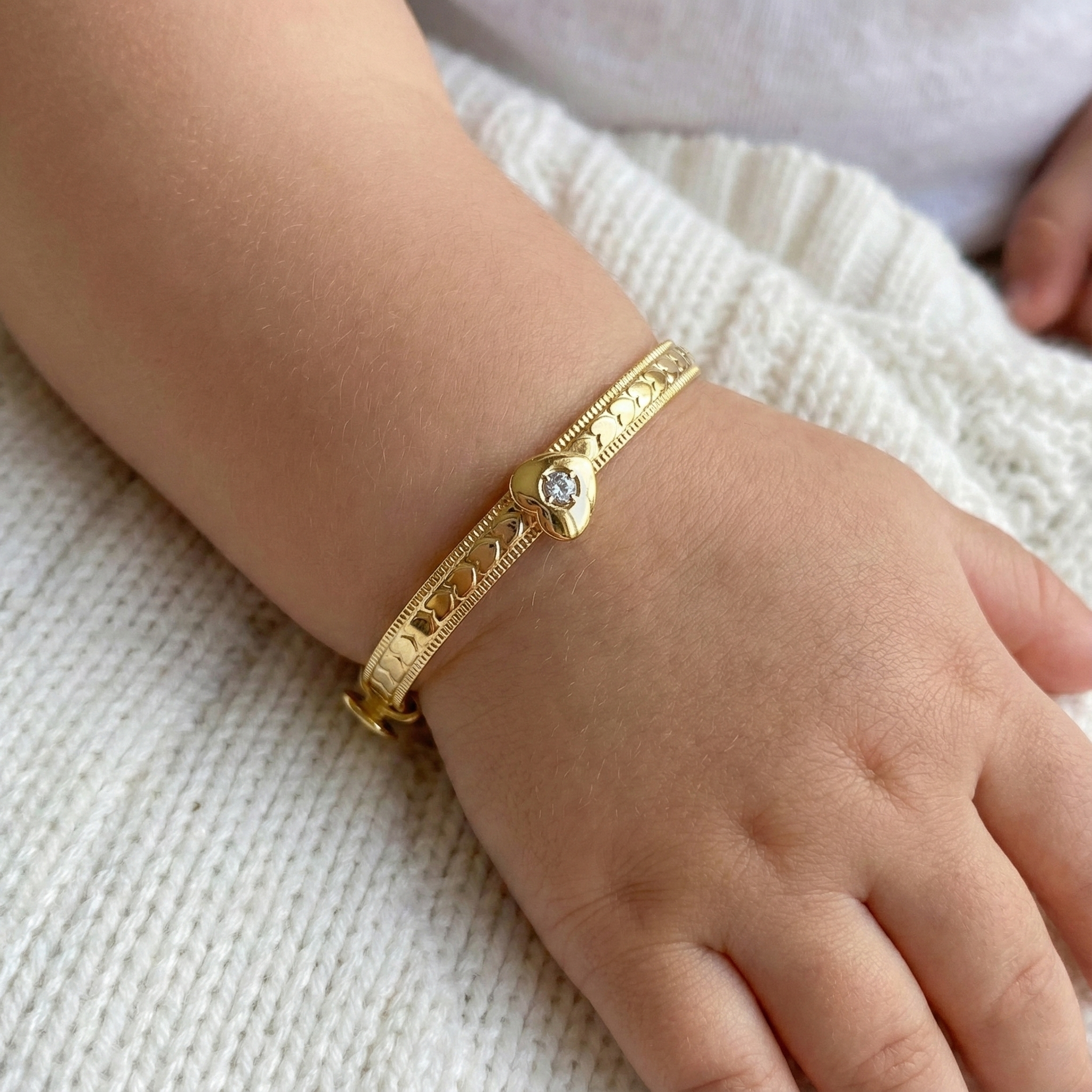 10K Solid Gold Baby Bangle, Hearts, Flowers, Cross Charms, Adjustable