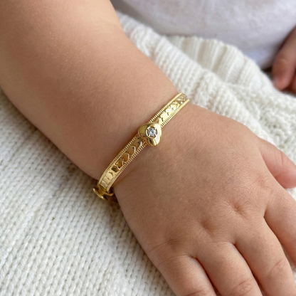 10K Solid Gold Baby Bangle, Hearts, Flowers, Cross Charms, Adjustable