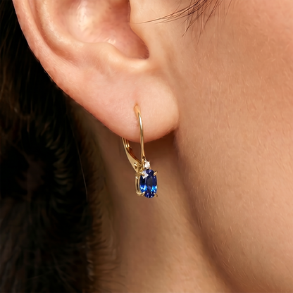 14K Yellow Gold Blue Sapphire 6x4mm Leverback Earrings, Diamond Accent