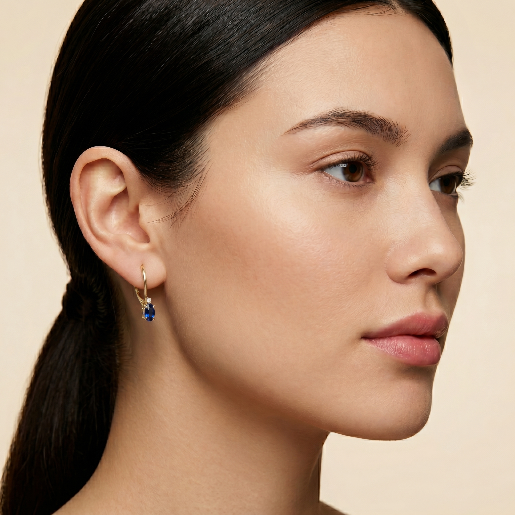 14K Yellow Gold Blue Sapphire 6x4mm Leverback Earrings, Diamond Accent