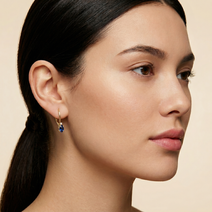 14K Yellow Gold Blue Sapphire 6x4mm Leverback Earrings, Diamond Accent