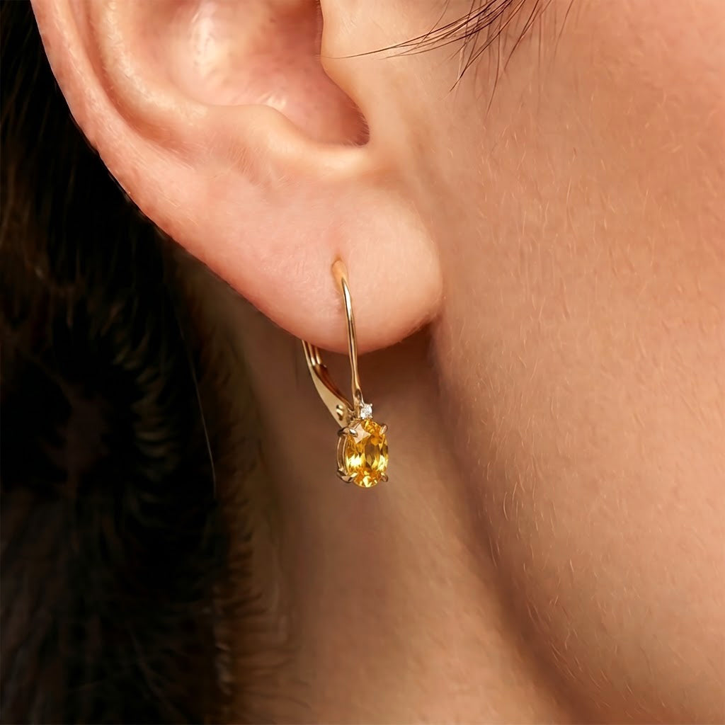 14K Yellow Gold Leverback Yellow Sapphire 6x4mm Earrings with Diamonds